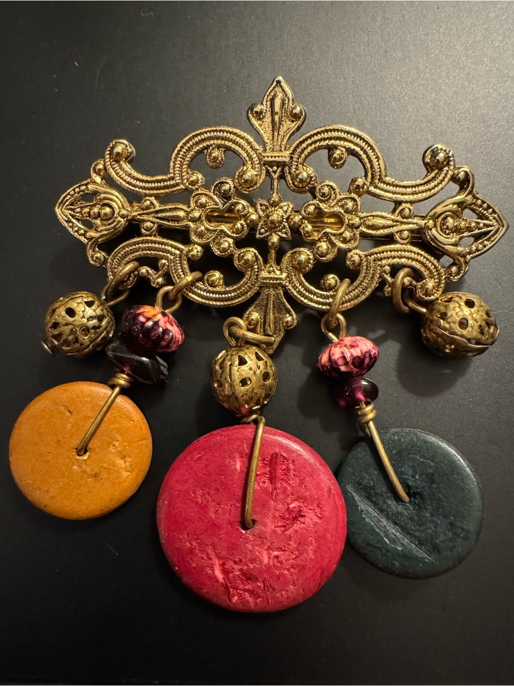 Vintage Style Ornate Gold Tone Dangle Brooch Beaded Statement Pin
